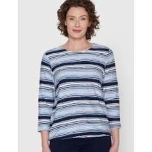 Talbots Blue White Striped Bateau Neck 3/4 Sleeve Knit Tee Top Nautical - Size S